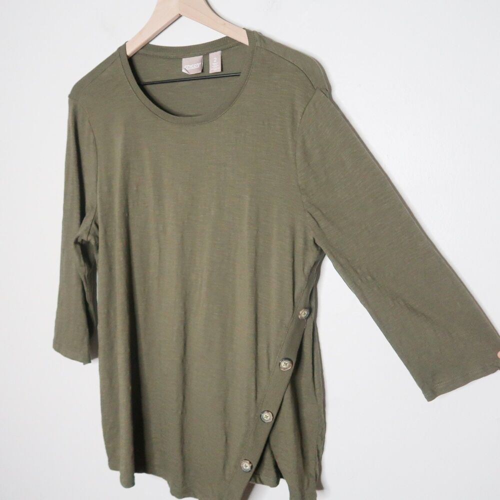 Chico's Womens 3/4 Sleeve T-Shirt Size 2 Large Olive Green Buttons Wrap Neutrals - Picture 6 of 10
